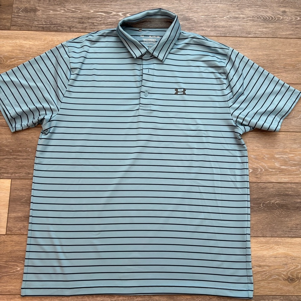 Under Armor Golf Shirt Men  XL Blue Striped Playoff Polo HEATGEAR